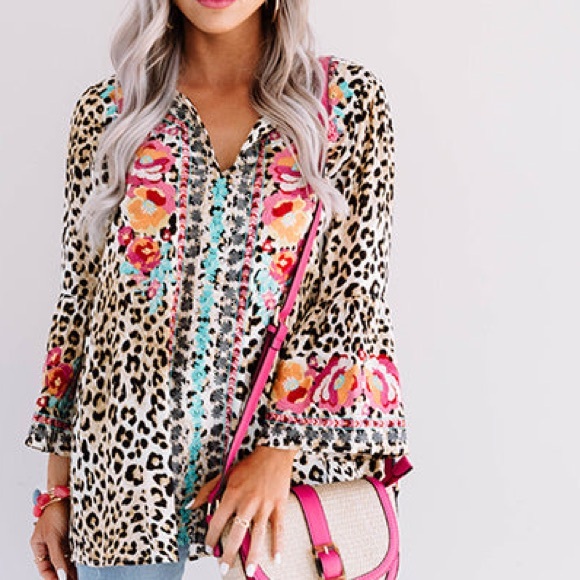 Savanna Jane Tops - Savanna Jane Boho Colorful Floral‎ Embroidered Leopard Animal Print Blouse Small